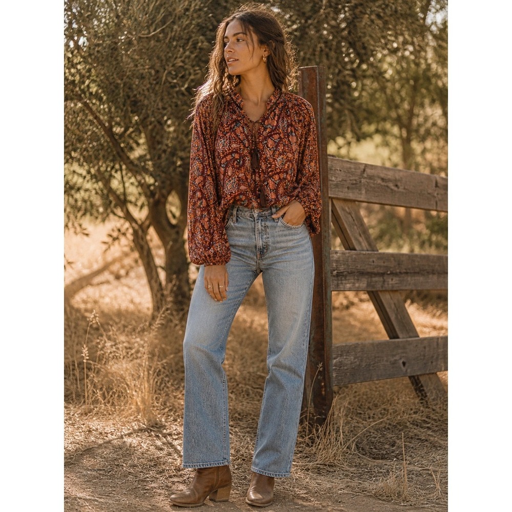 Lucky Brand Floral Paisley Tie Neck Peasant Blouse Boho S‎